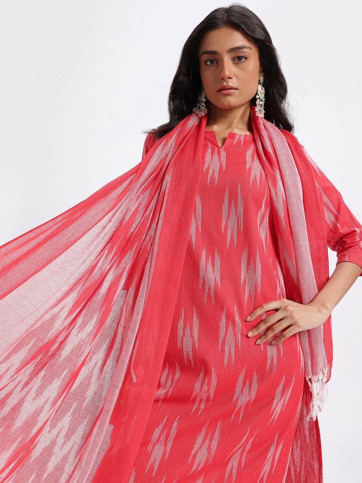 Anouk Ikat Printed Pure Cotton Straight Kurta with Trousers & Dupatta