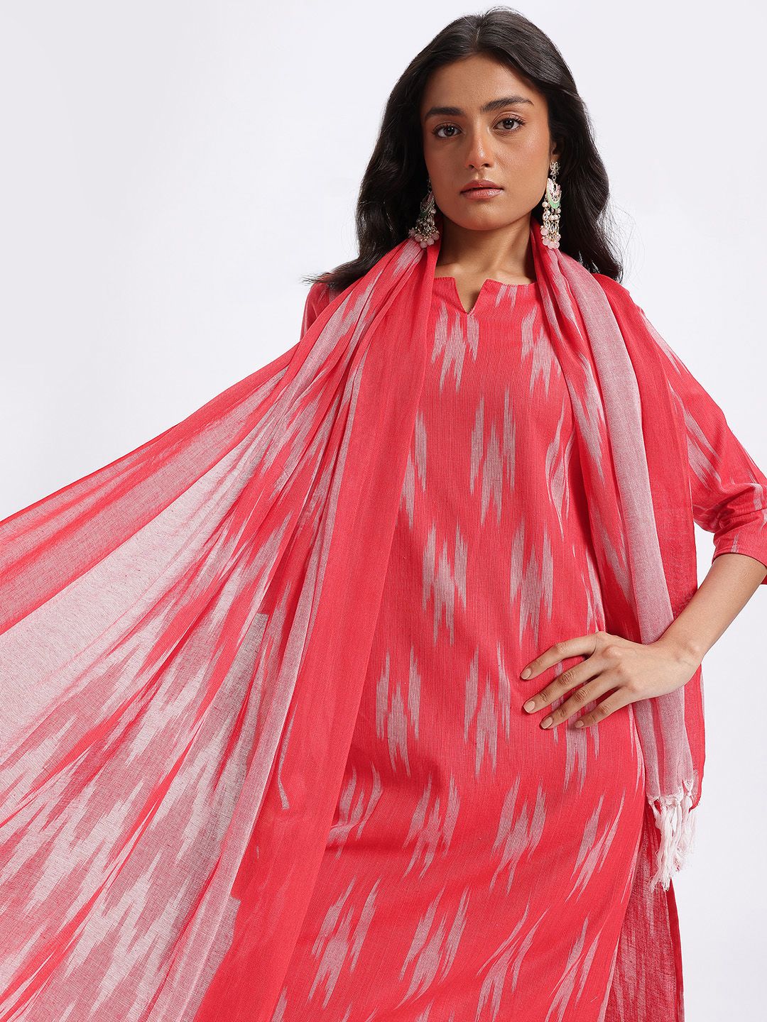 Anouk Ikat Printed Pure Cotton Straight Kurta with Trousers & Dupatta