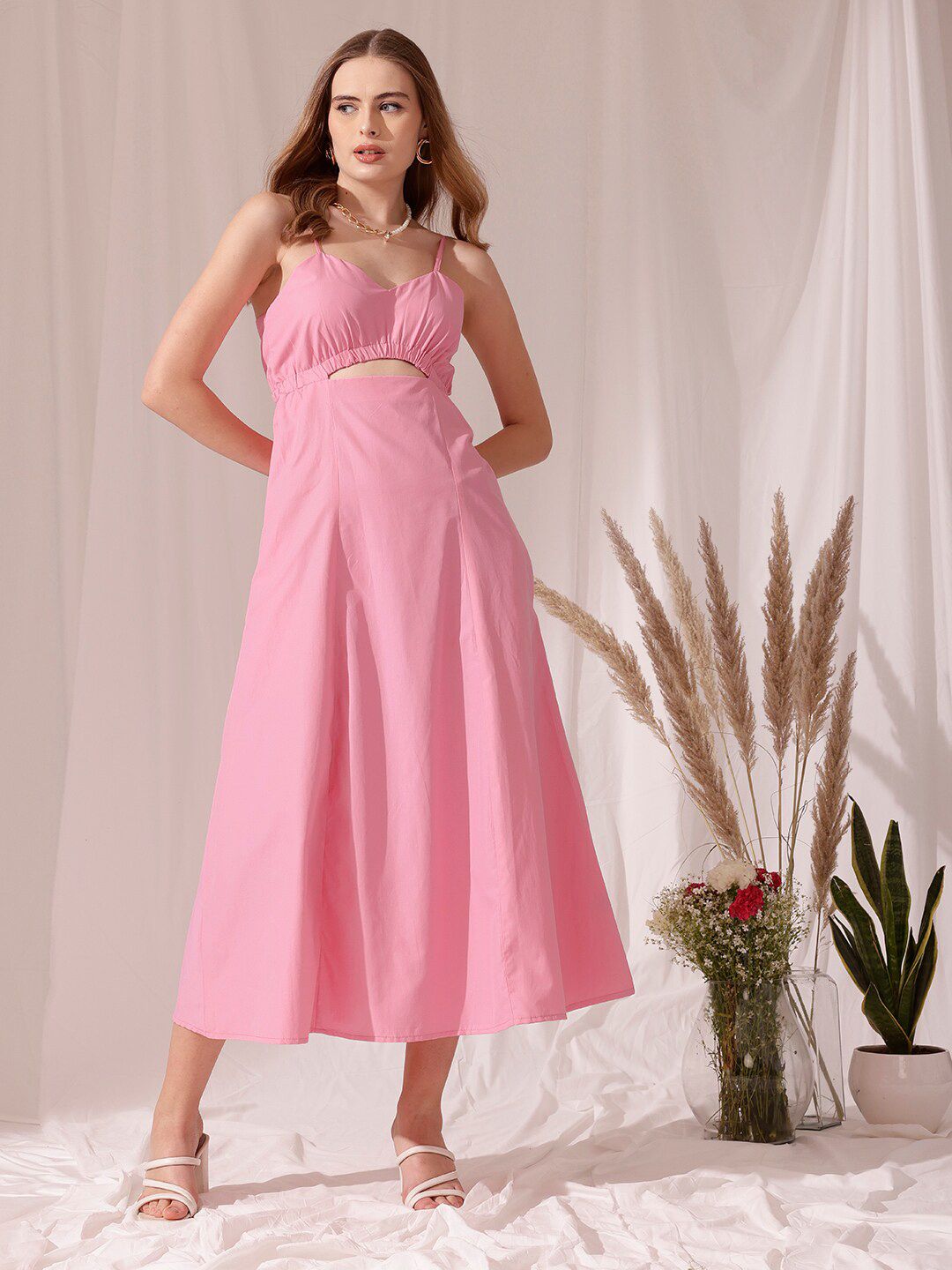 STREET 9 Shoulder Strap Cut Out Pure Cotton Fit & Flare Midi Dress