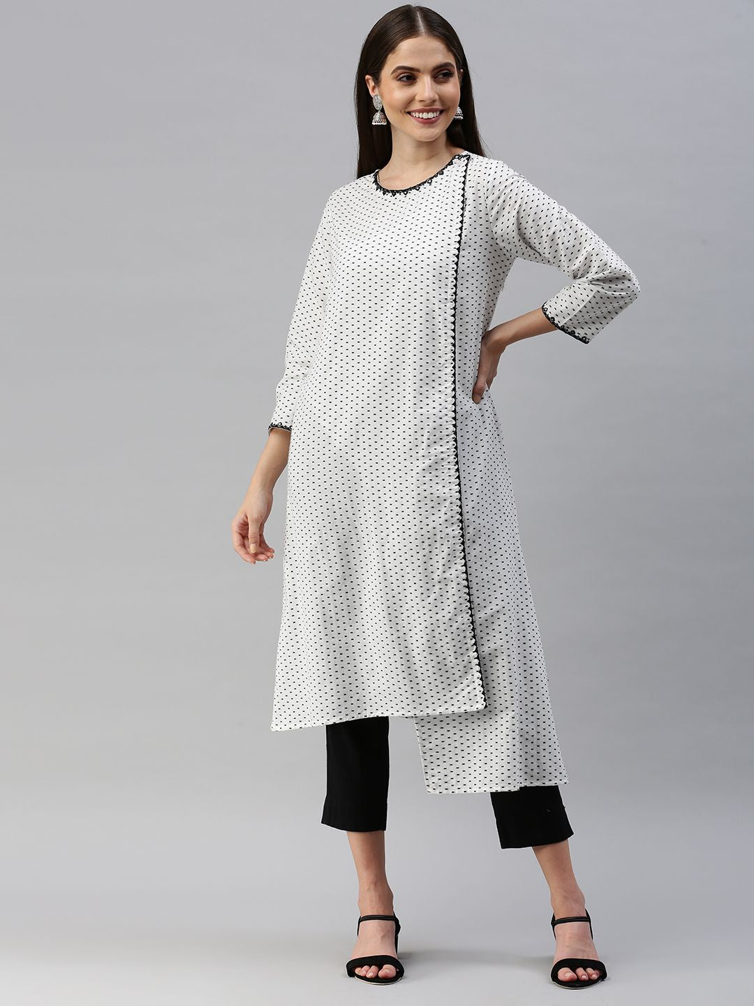 Global Desi Women White & Black Ethnic Motifs Printed Kurta