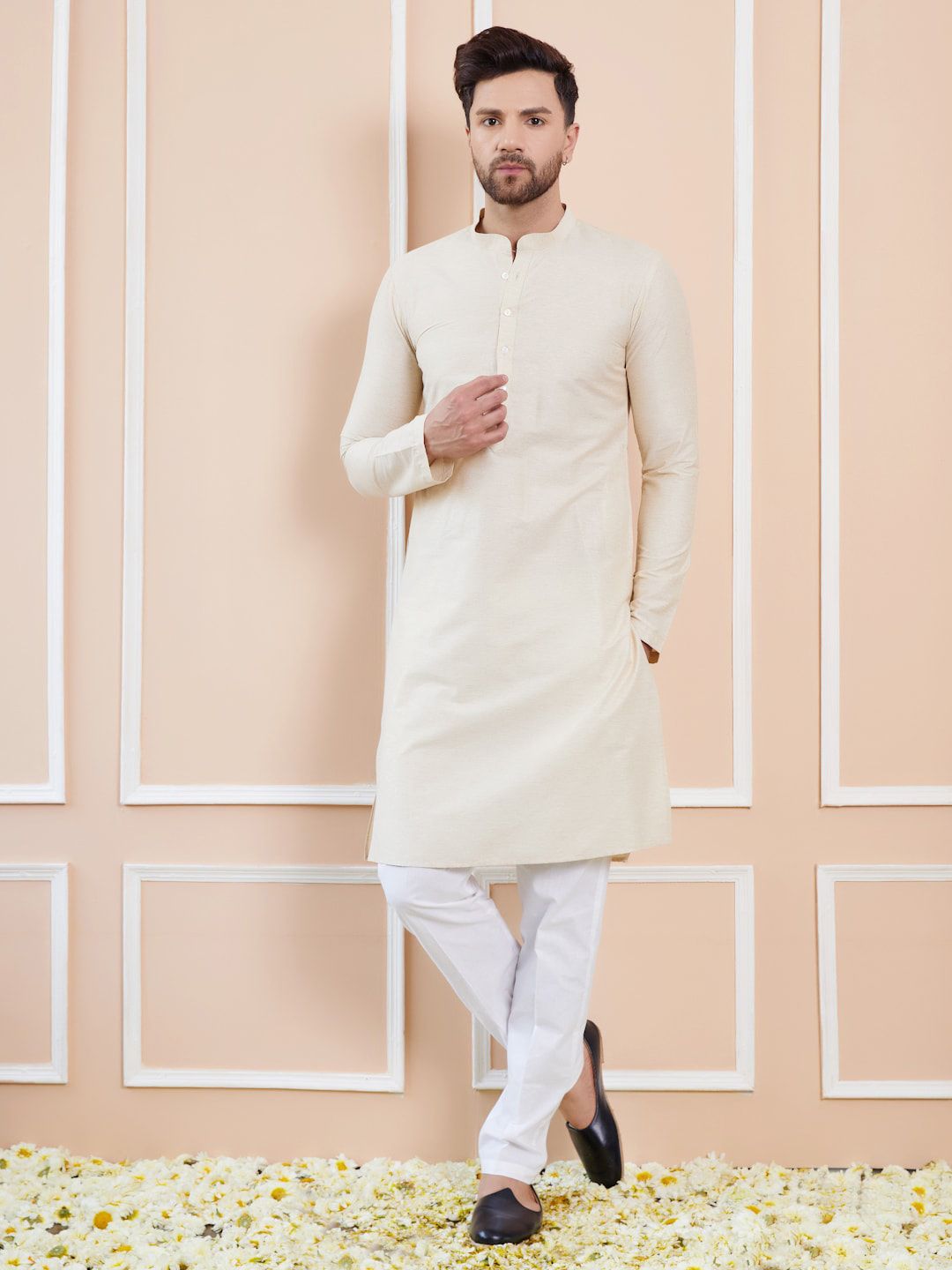 See Designs Mandarin Collar Long Sleeves Cotton Thread Work Kurta