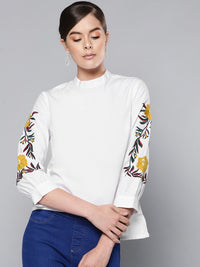 STREET 9 Women White Embroidered Detail Pure Cotton Top