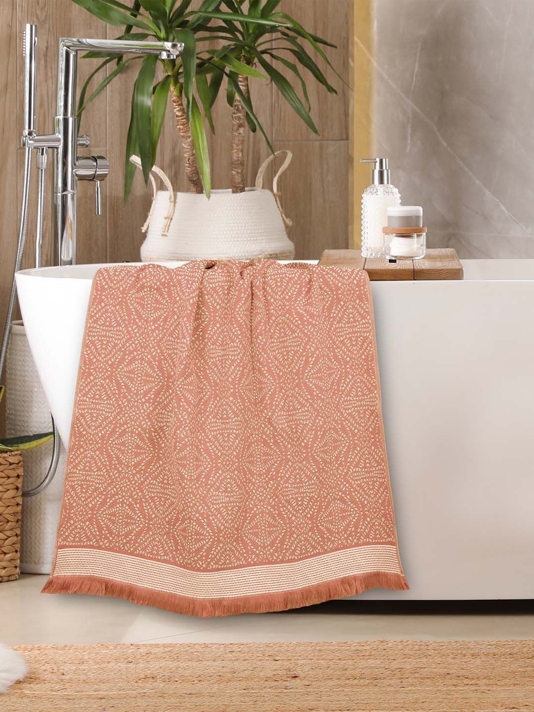 MYTRIDENT Orange-Coloured & White Ethnic Motifs Printed Cotton 500 GSM Bath Towel