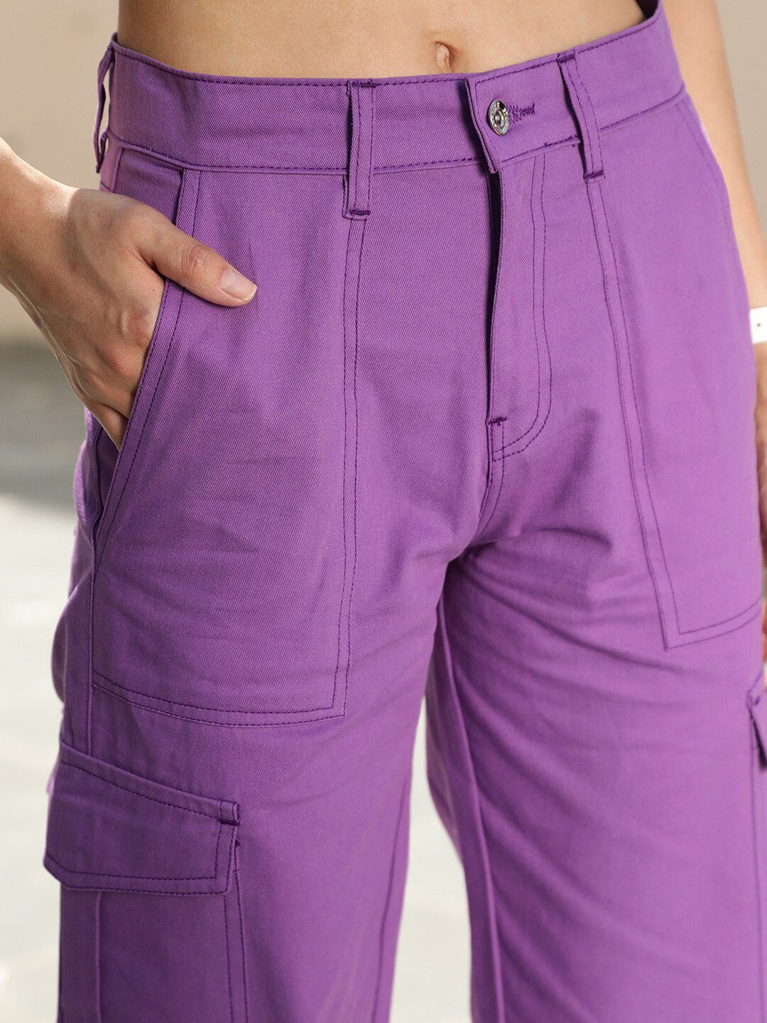 STREET 9 Women Lavender Relaxed High-Rise Cotton Cargo Trousers