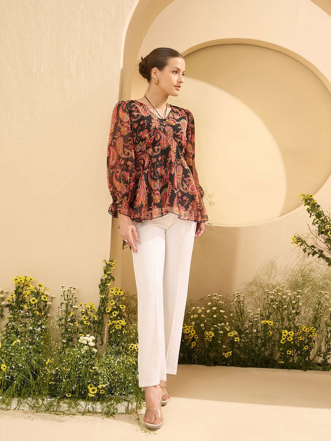 Antheaa Women Ethnic Motifs Printed Bell Sleeves Empire Top