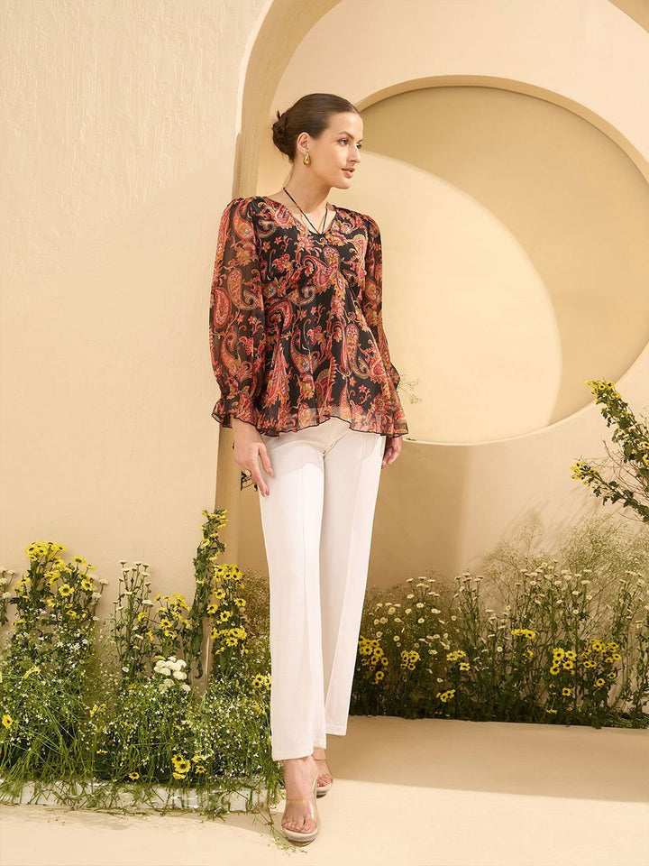 Antheaa Women Ethnic Motifs Printed Bell Sleeves Empire Top