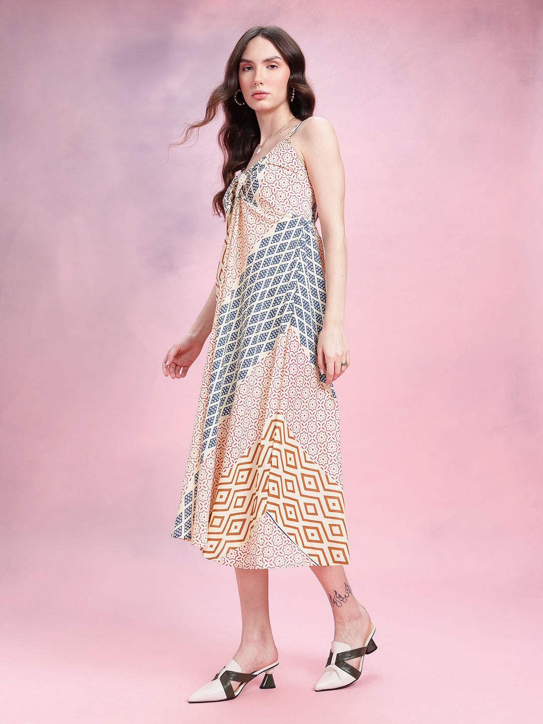 DressBerry Print Knot Detail Pure Cotton A-Line Midi Dress