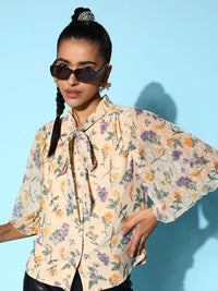 Berrylush Beige & Green Print Tie-Up Neck Georgette Top