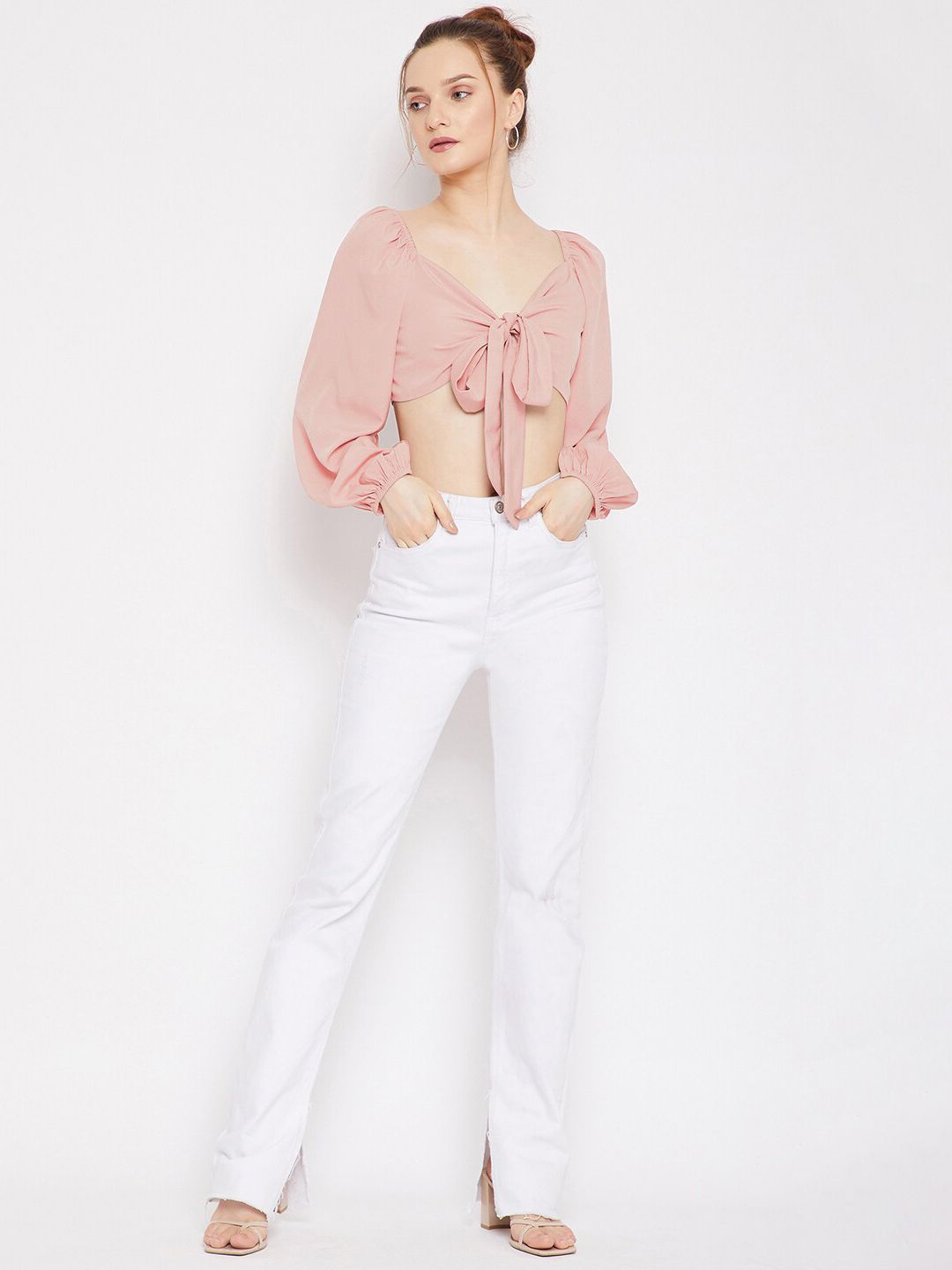 Berrylush Pink Sweetheart Neck Crepe Fitted Crop Top
