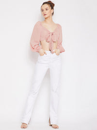 Berrylush Pink Sweetheart Neck Crepe Fitted Crop Top