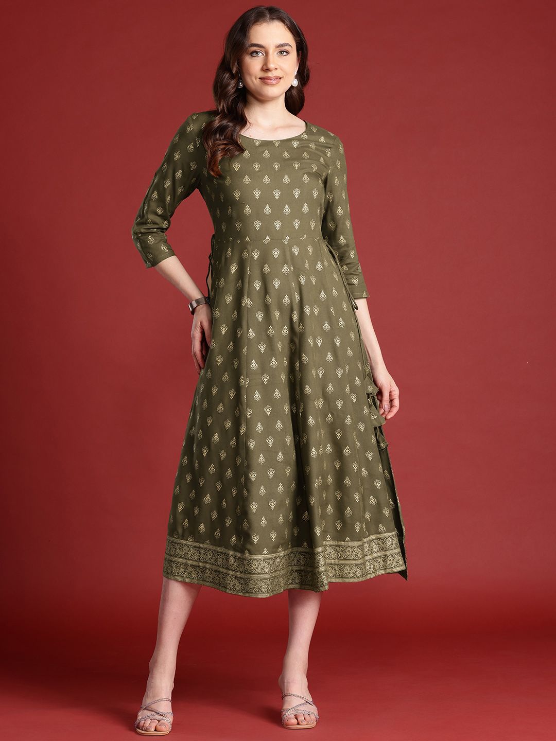 Anouk Tie-Up Tassels Detail Foil Print A-Line Midi Ethnic Dress