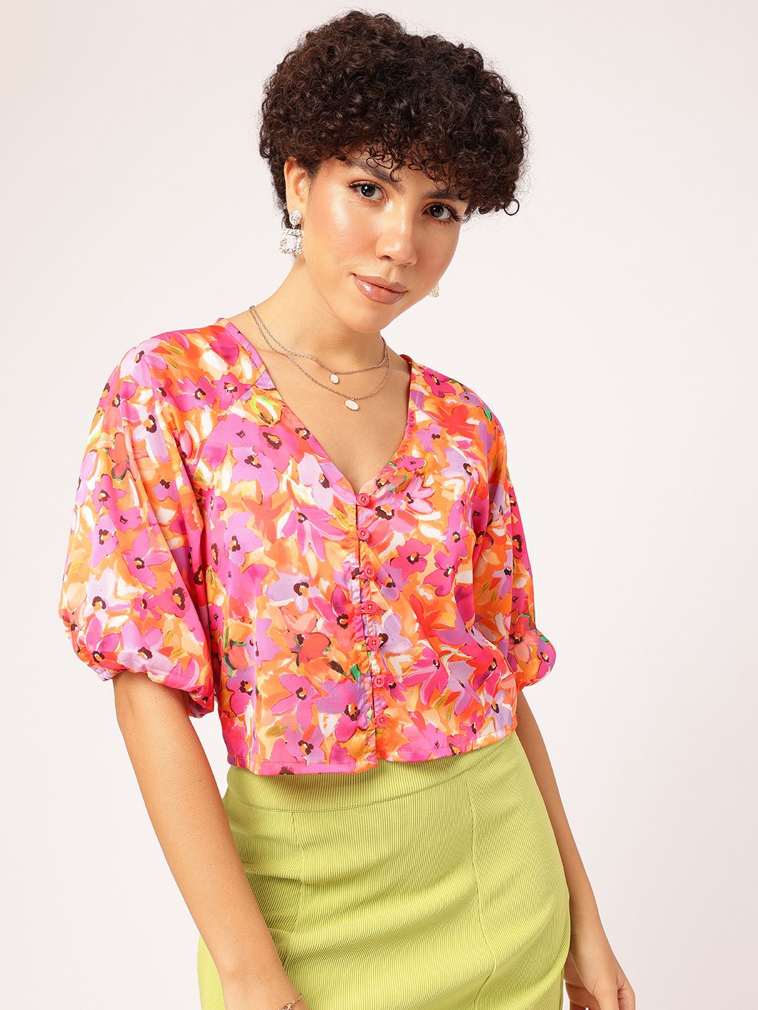 DressBerry Floral Paradise Print Puff Sleeve Shirt Style Crop Top