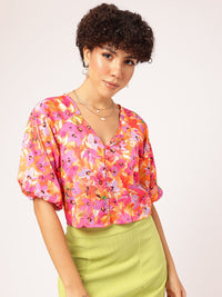 DressBerry Floral Paradise Print Puff Sleeve Shirt Style Crop Top