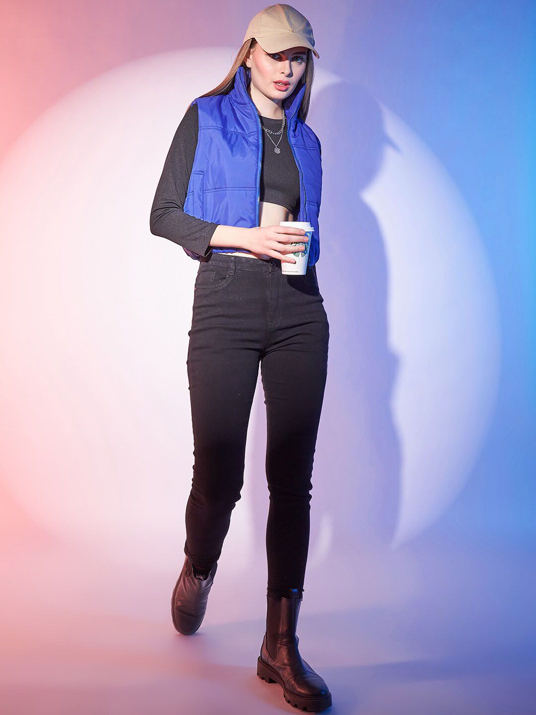 STREET 9 Blue Stand Collar Sleeveless Lightweight Crop Puffer Jacket