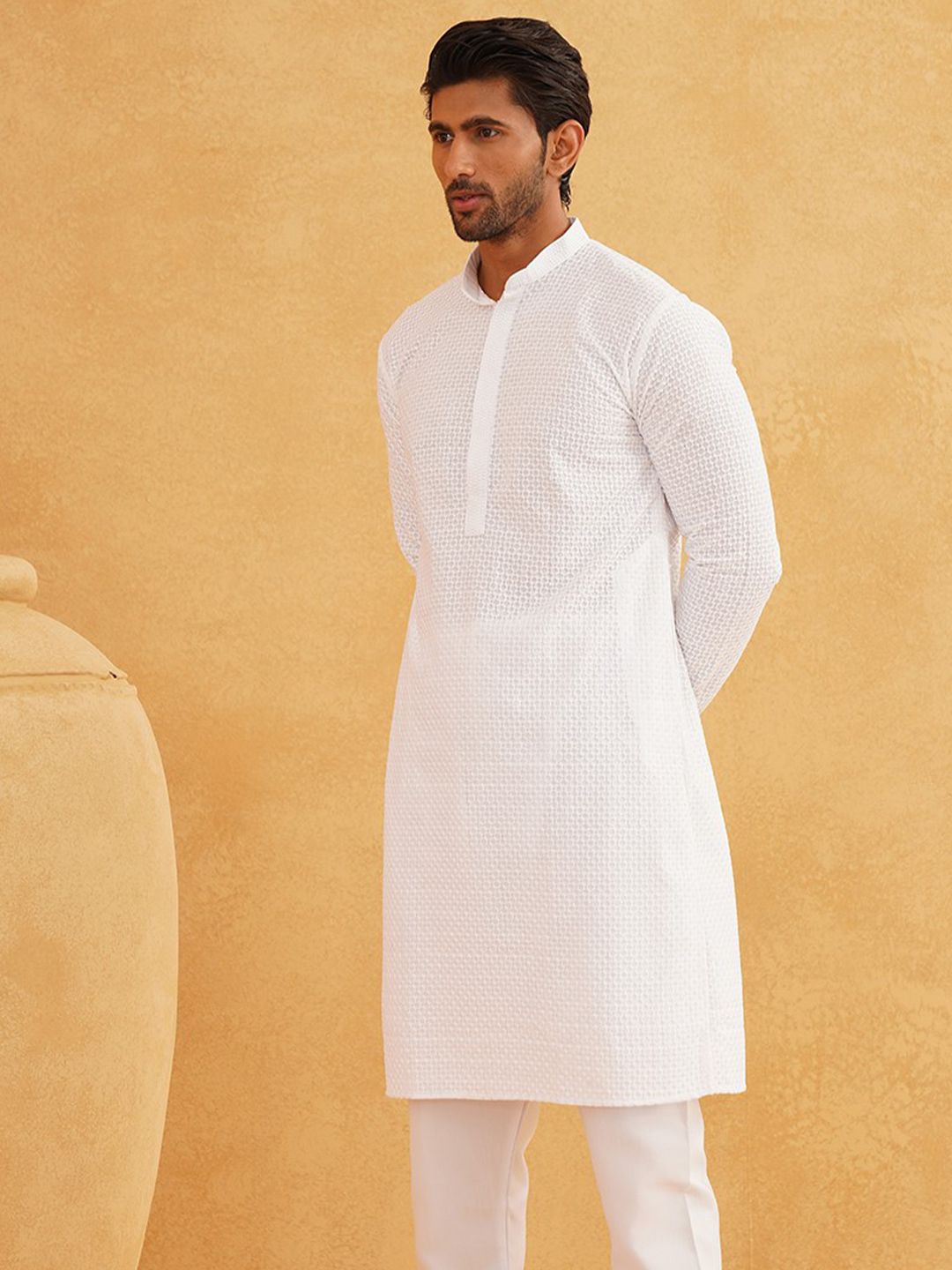 SOJANYA Kurta Katun Tulen Bersulam Geometrik Kolar Mandarin Lurus