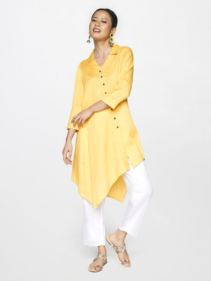 Global Desi Yellow Shirt Collar Asymmetric Tunic