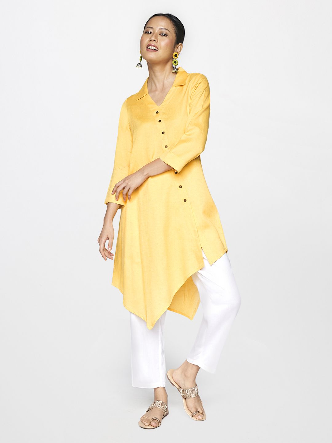 Global Desi Yellow Shirt Collar Asymmetric Tunic