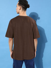 Difference of Opinion Men Brown Typography Embroidered Oversize Pure Cotton Longline T-shirt