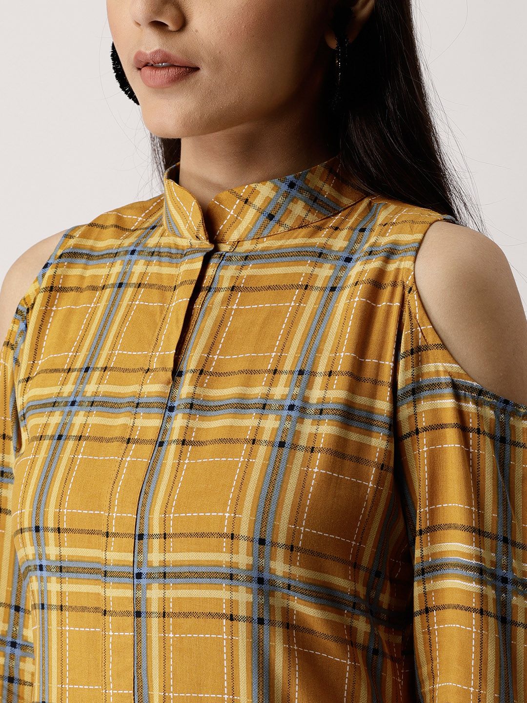 Libas Women Mustard Yellow & Blue Checked Cold-Shoulder Straight Kurta