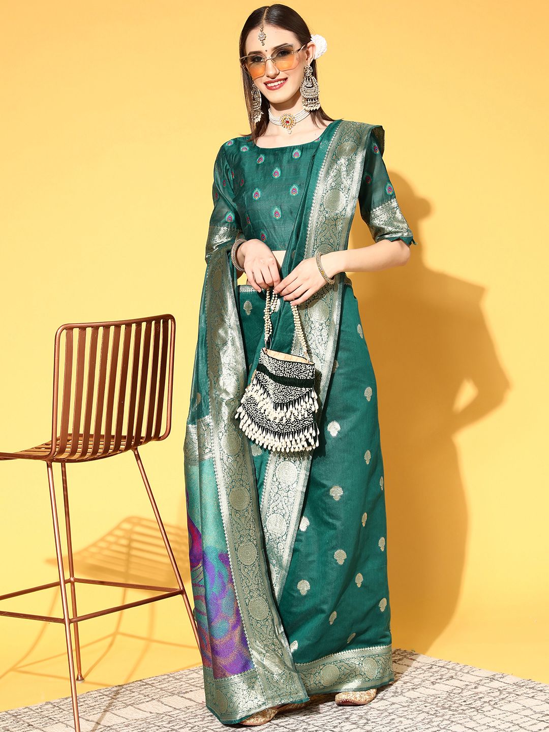 Saree mall Teal Green Ethnic Motifs Silk Blend Sarees