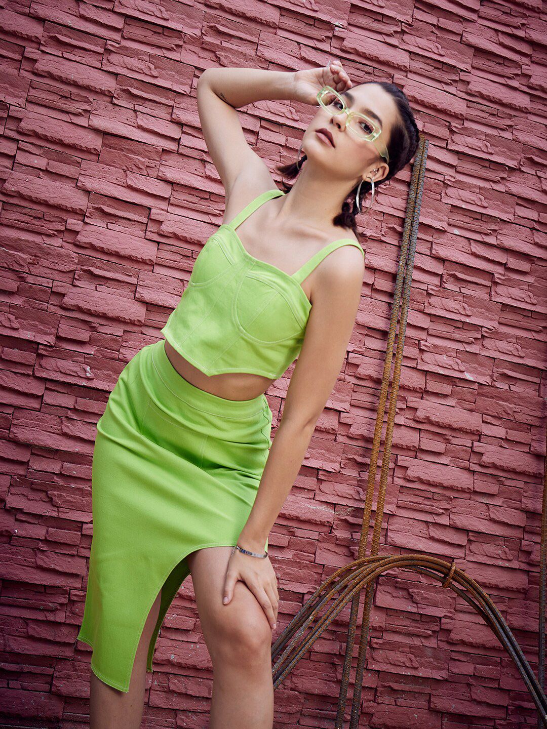 Athena Green Shoulder Straps Cotton Canvas Fitted Crop Top