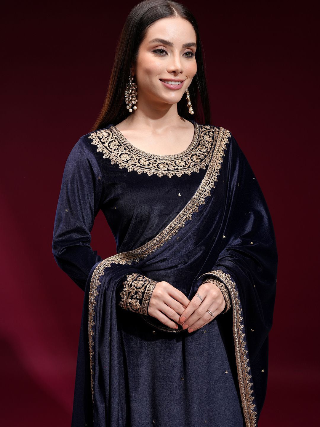Vishudh Women Embroidered Velvet Straight Kurta with Slim Pants and Dupatta