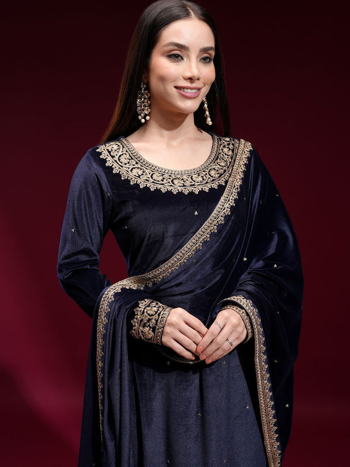 Vishudh Women Embroidered Velvet Straight Kurta with Slim Pants and Dupatta