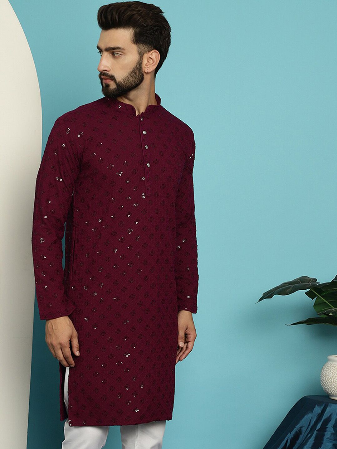 SOJANYA Dihiasi Kolar Mandarin Kurta Lurus Kapas Tulen