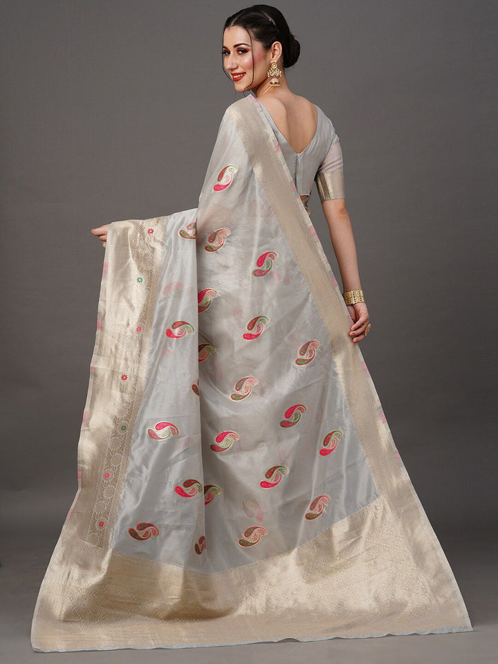 Saree mall Grey & Pink Paisley Woven Design Zari Organza Banarasi Sarees