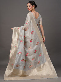 Saree mall Grey & Pink Paisley Woven Design Zari Organza Banarasi Sarees