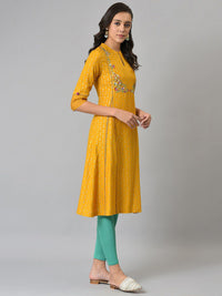W Women Yellow & Turquoise Blue Floral Printed Thread Work Kurta