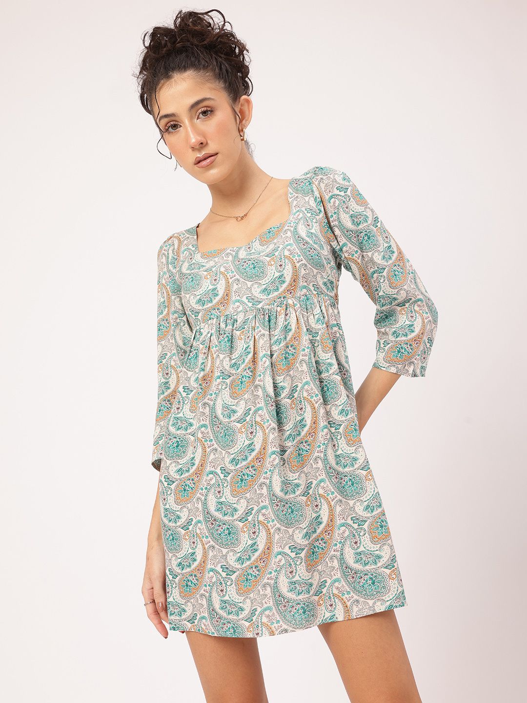DressBerry Retro Blooms Paisley Printed Square Neck A-Line Mini Dress