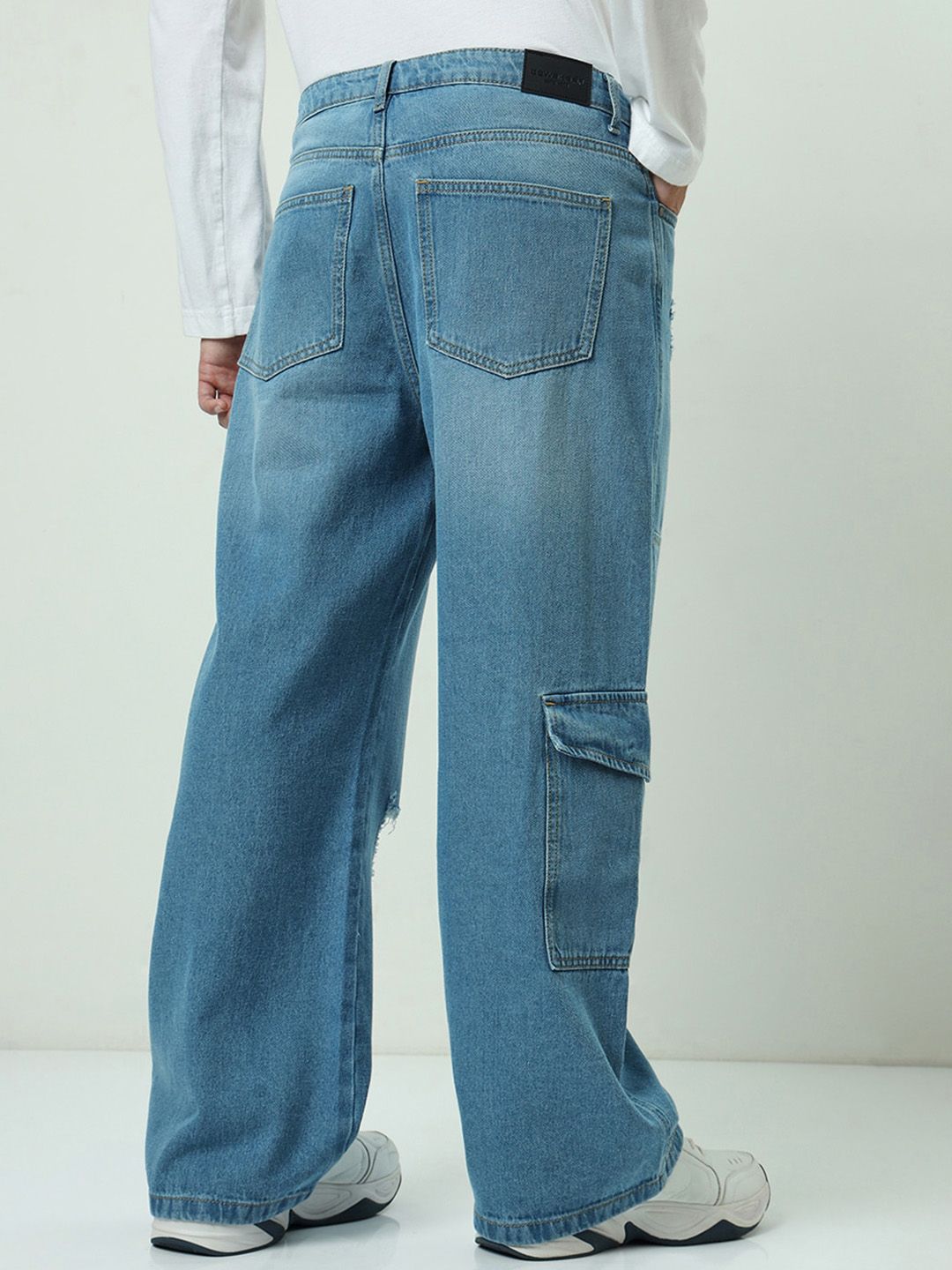 Bewakoof Men Baggy Straight Fit High-Rise Mildly Distressed Cotton Carpenter Jeans