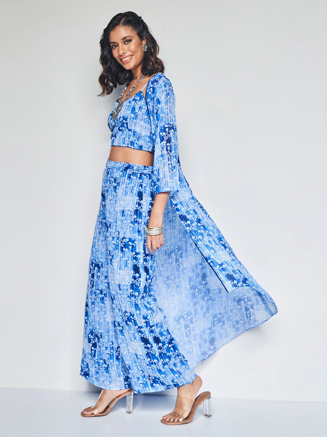 Global Desi Floral Printed Top With Shrug & Trousers Co-Ords