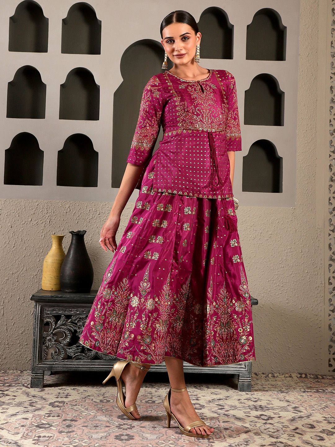 W Maroon & Gold-Toned Ethnic Motifs Ethnic Maxi Maxi Dress