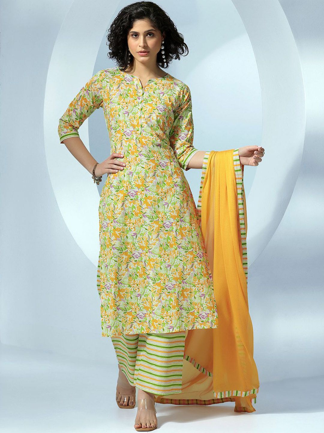 Libas Women Floral Printed Regular Pure Cotton Kurta with Palazzos &  Dupatta