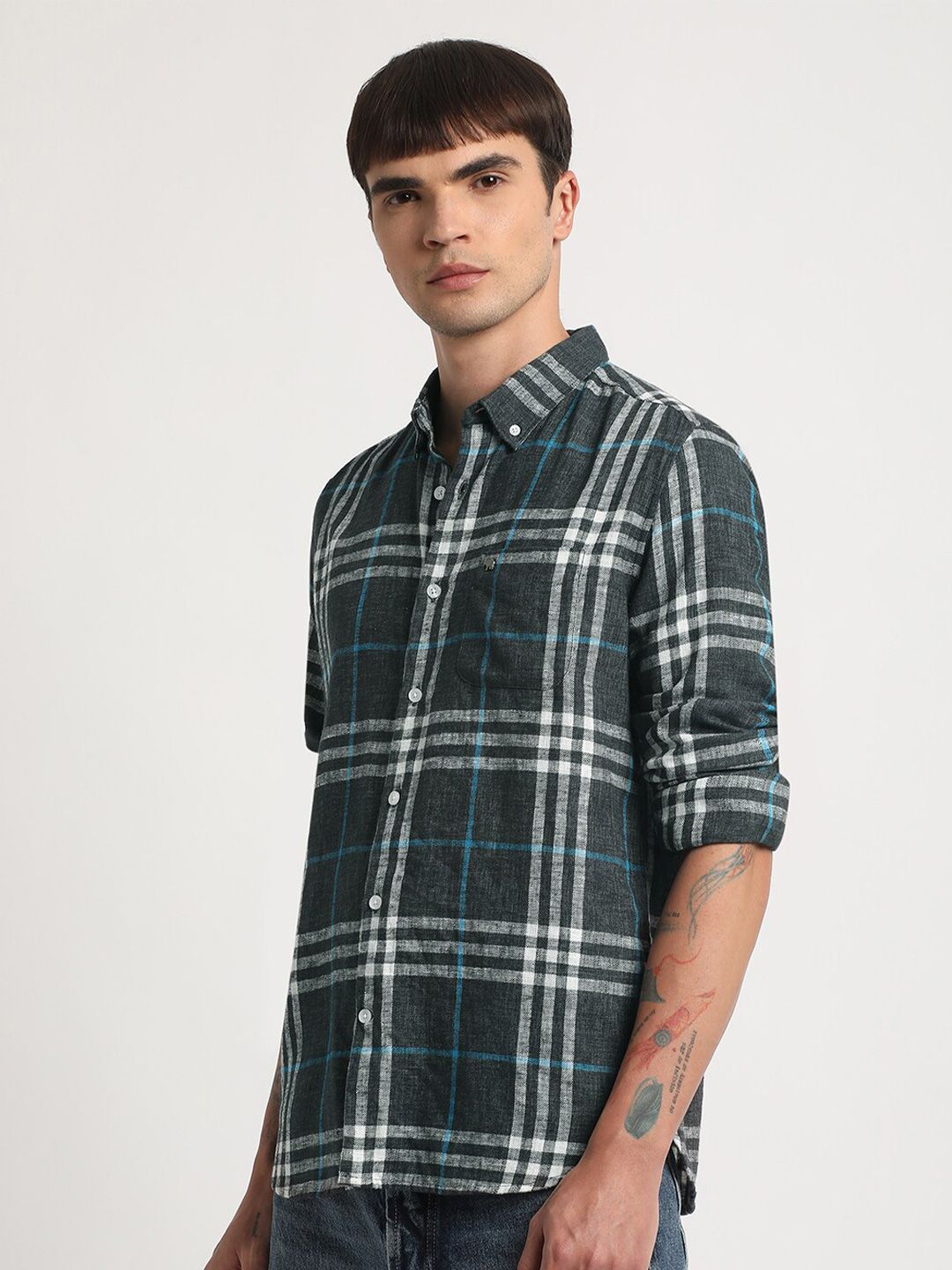 THE BEAR HOUSE Slim Fit Tartan Checked Button Down Collar Twill Casual Shirt