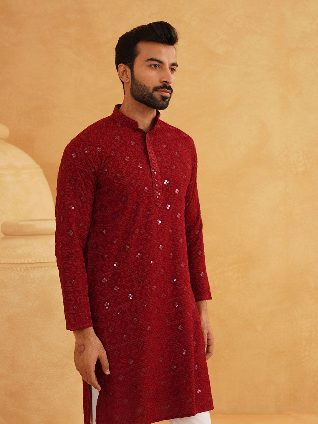 SOJANYA Embroidered Mandarin Collar Long Sleeves Straight Kurta