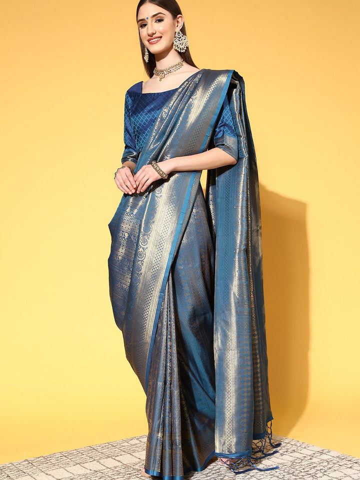 Saree mall Blue & Golden Ethnic Motifs Silk Blend Sarees