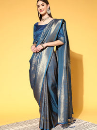 Saree mall Blue & Golden Ethnic Motifs Silk Blend Sarees