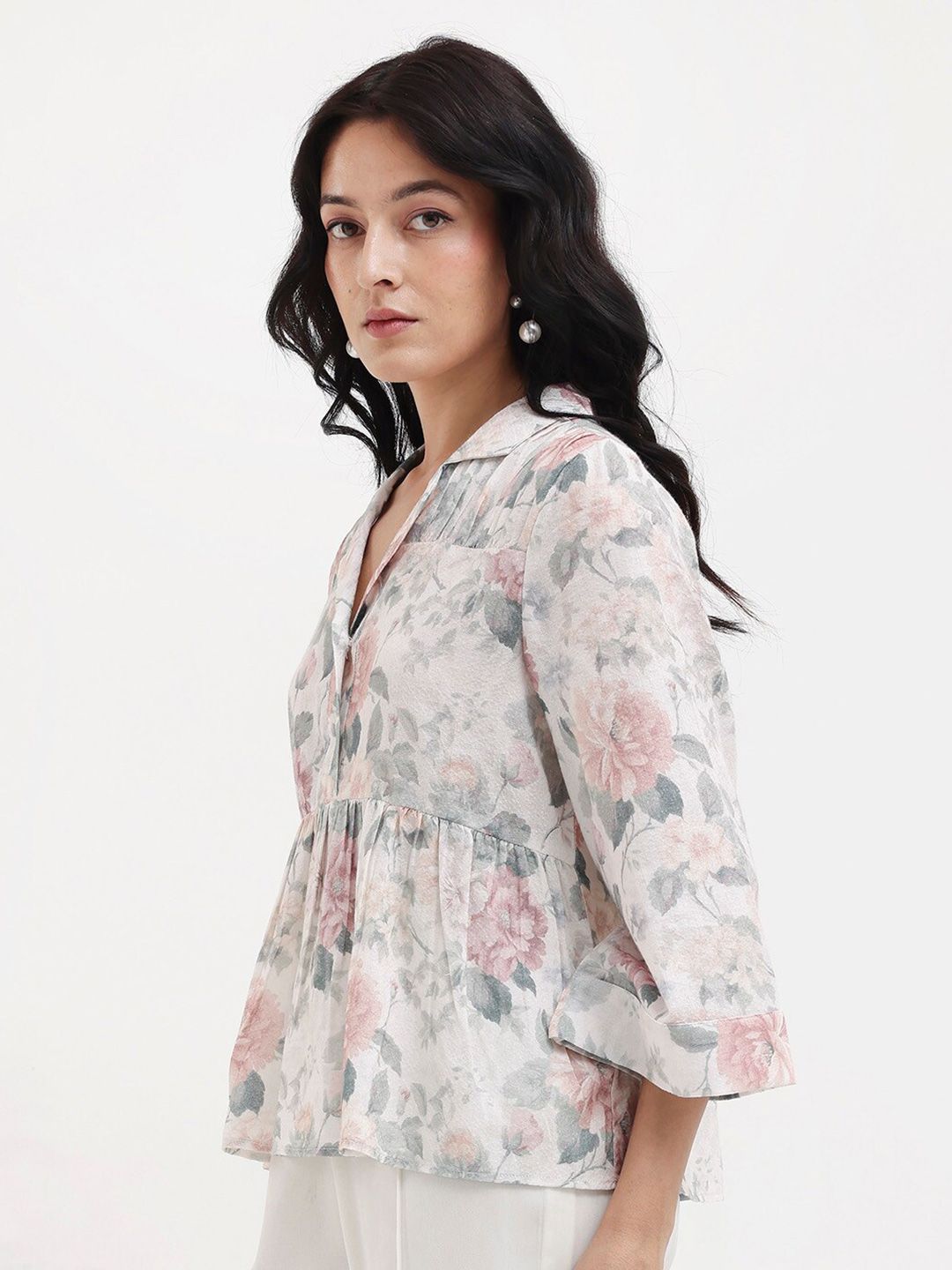 Rareism Floral Printed Cuba Collar Bell Cotton Top Cotton