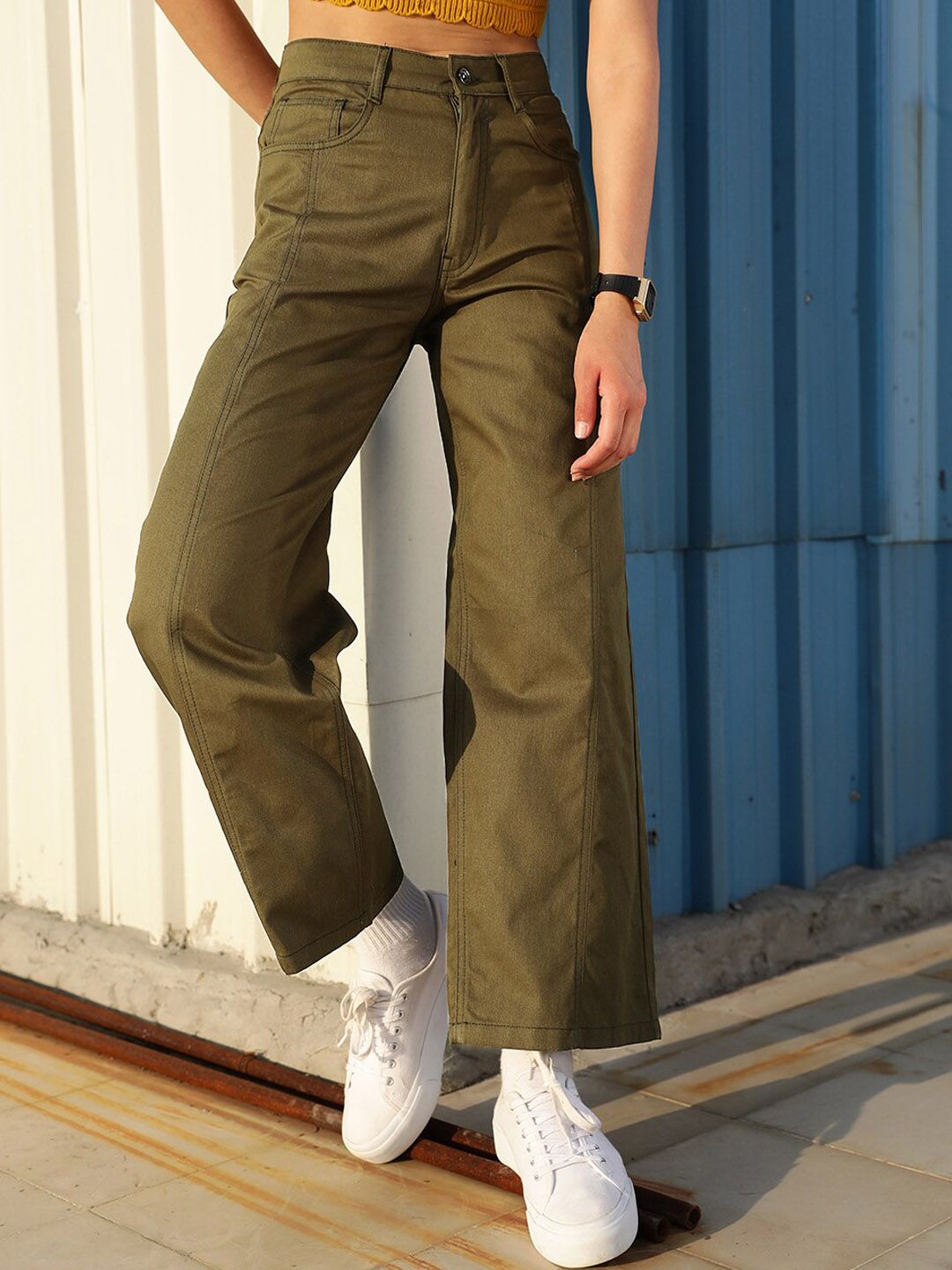 STREET 9 Women Olive Green Relaxed High-Rise Loose Fit  Regular Trousers