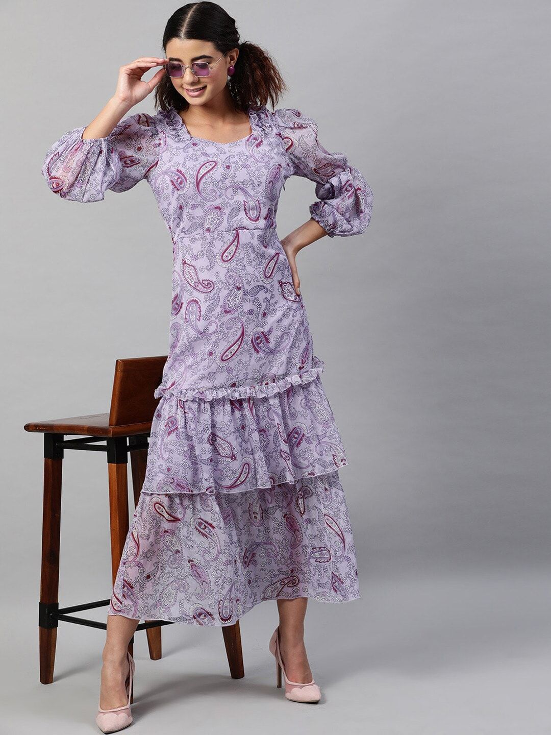 STREET 9 Lavender & Maroon Ethnic Motifs Chiffon Maxi Dress