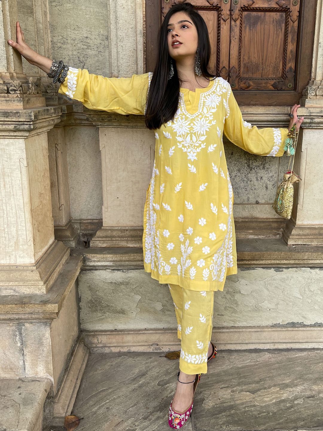 House of Chikankari Women Yellow Modal Chikankari Embroidered Kurta Set