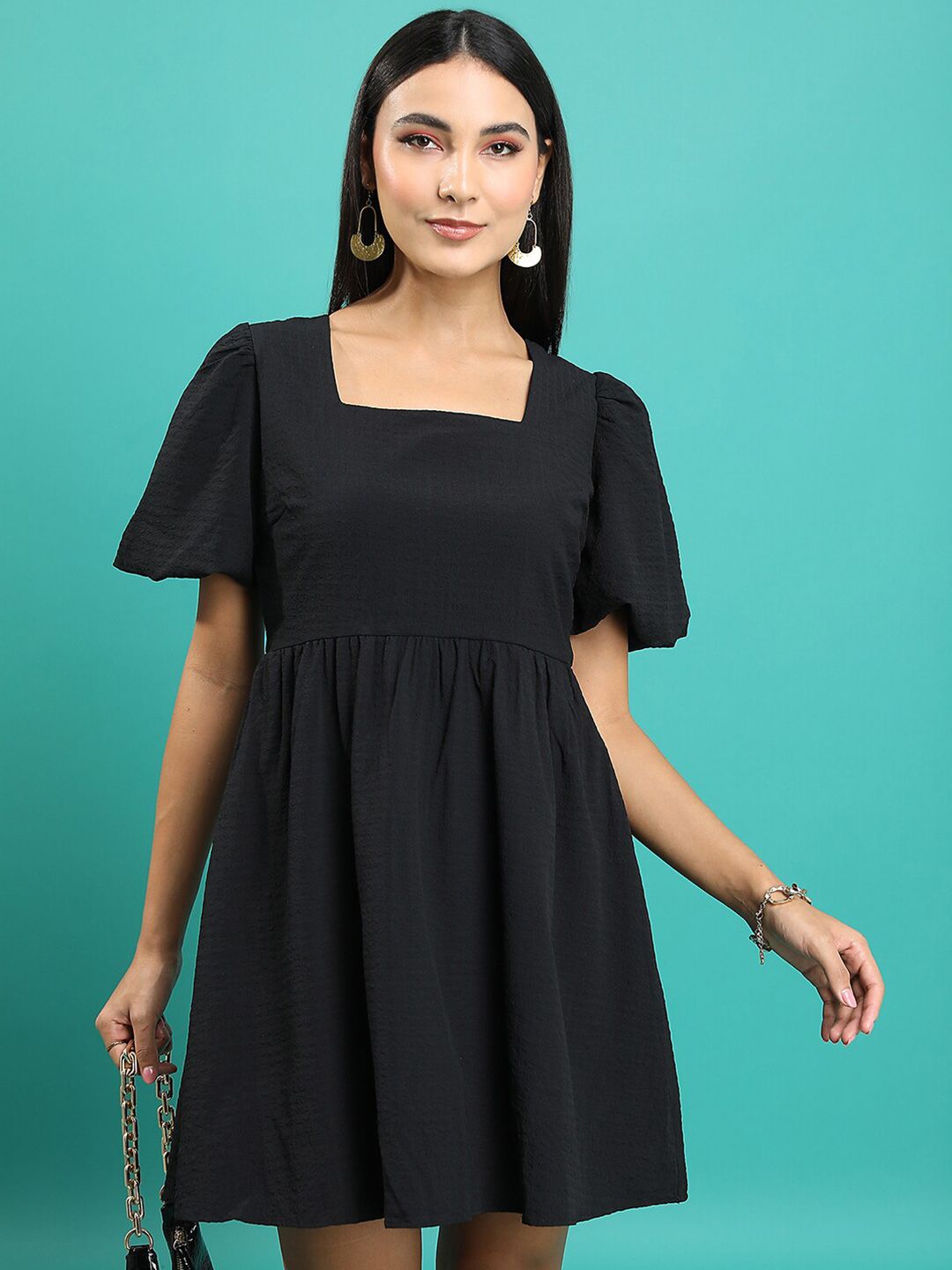 Tokyo Talkies Square Neck Puff Sleeve Gathered Fit & Flare Dress