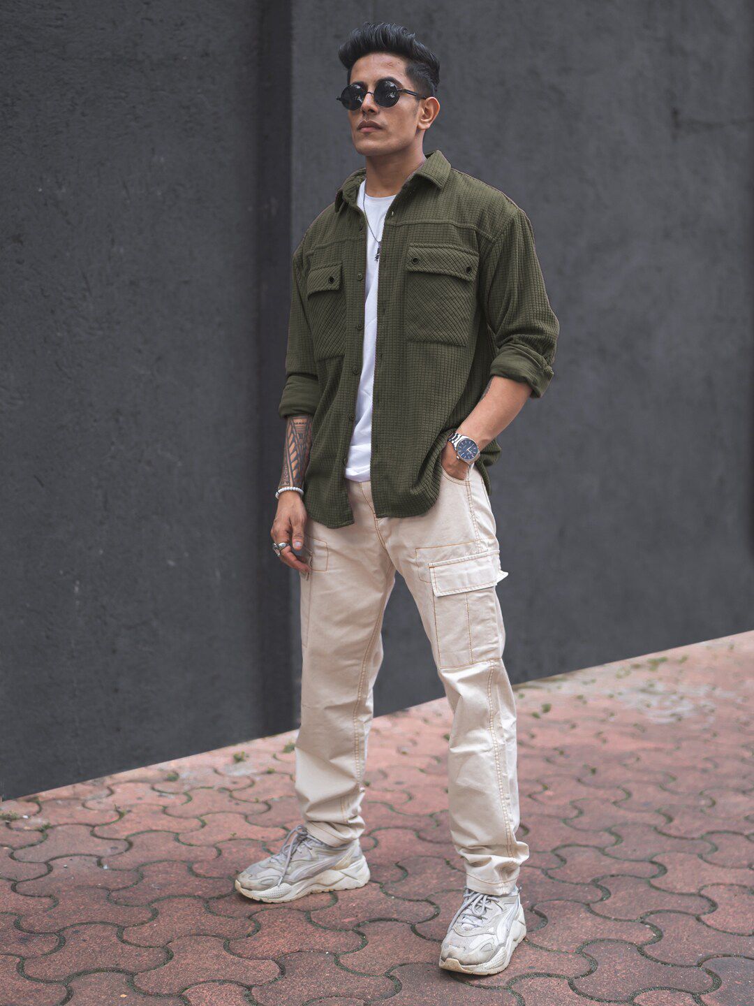 Powerlook Olive Green India Slim Textured Oversized Spread Collar Casual Shirt