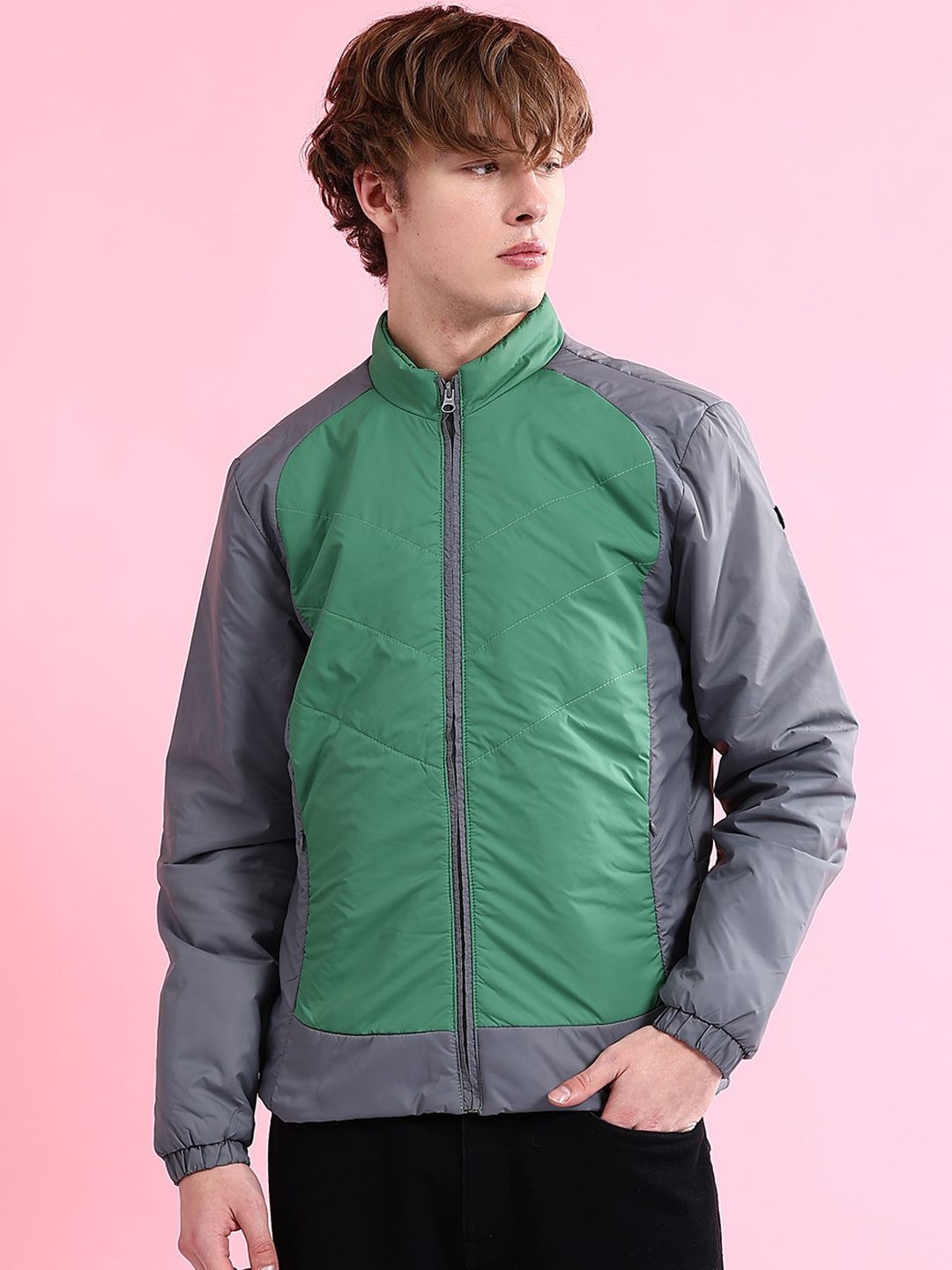 The Indian Garage Co Colourblocked Mock Collar Long Sleeves Padded Jacket