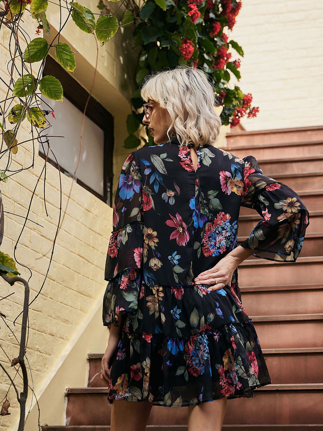 SASSAFRAS High Neck Floral Printed Smocked Tiered Chiffon A-Line Dress