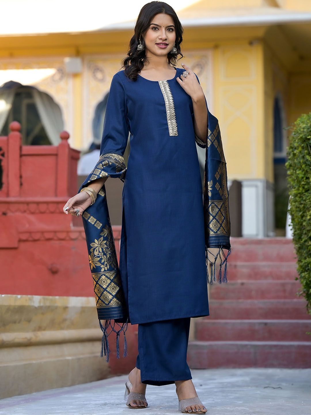 Vishudh Teal & Gold Toned Round Neck Regular Kurta with Palazzos & With Dupatta