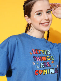 STREET 9 Women Blue Typography Printed Oversized  Crop T-shirt